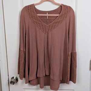 Free People | Brown Ribbed Long Sleeve Top Eyelet Lace Bell Sleeves Size Medium